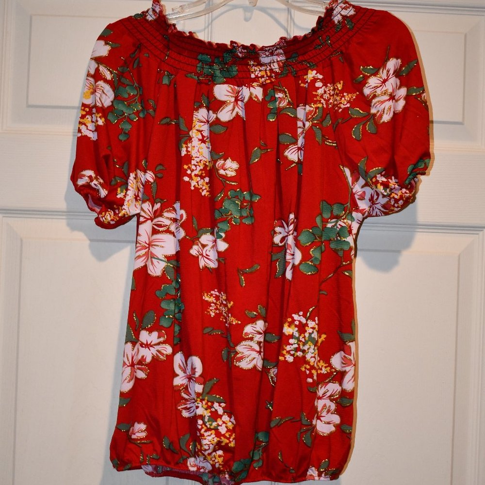 Anna Morgan Women's Red Floral Smocked Neck Off the Shoulder SS Blouse Size L